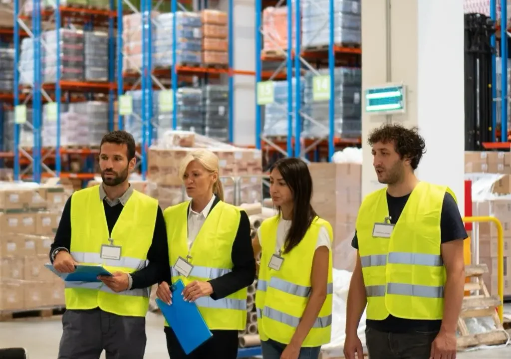 საწყობში მაღალი ხილვადობის ჟილეტებში მდგომი თანამშრომლების ჯგუფი.