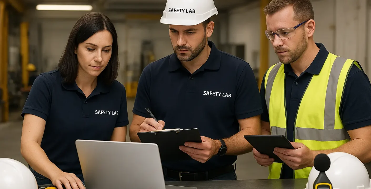 სამი სპეციალისტი ერთად ამოწმებს სამუშაო სივრცის უსაფრთხოებას და განიხილავს დოკუმენტაციას.