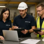 სამი სპეციალისტი ერთად ამოწმებს სამუშაო სივრცის უსაფრთხოებას და განიხილავს დოკუმენტაციას.