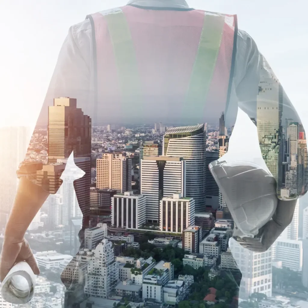 ინჟინერის სილუეტი ქალაქის პანორამაზე ორმაგი ექსპოზიციით.